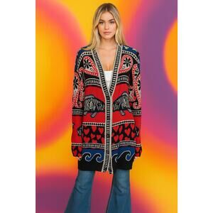 Farm Rio Cozy Mixed Prints Fish Hearts Fair Isle Oversized Grandpa Cardigan S